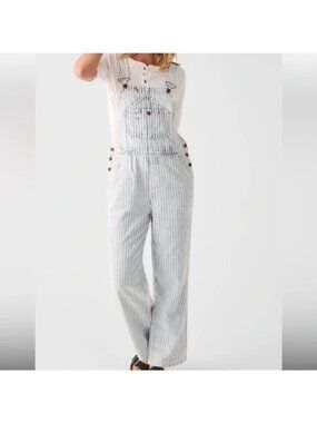 Faherty Overalls M Topsail Railroad Stripe Mechanic Faded Light Wash Denim Jean